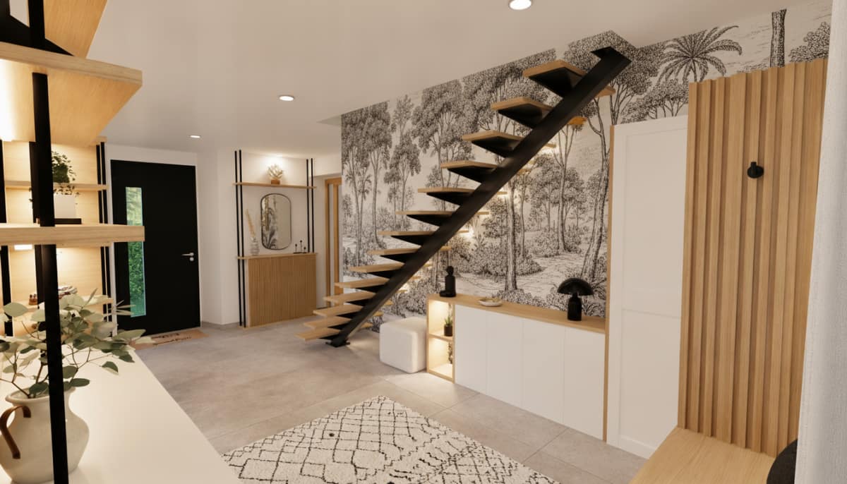 Entrée rénové avec papier peint panoramique, déco blanche, noir et bois