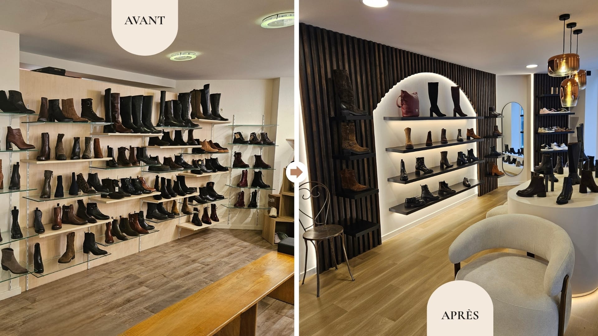 Avant après de la rénovation et de l’agencement de la boutique de chaussures Kat’Pat à Voiron - coté femme