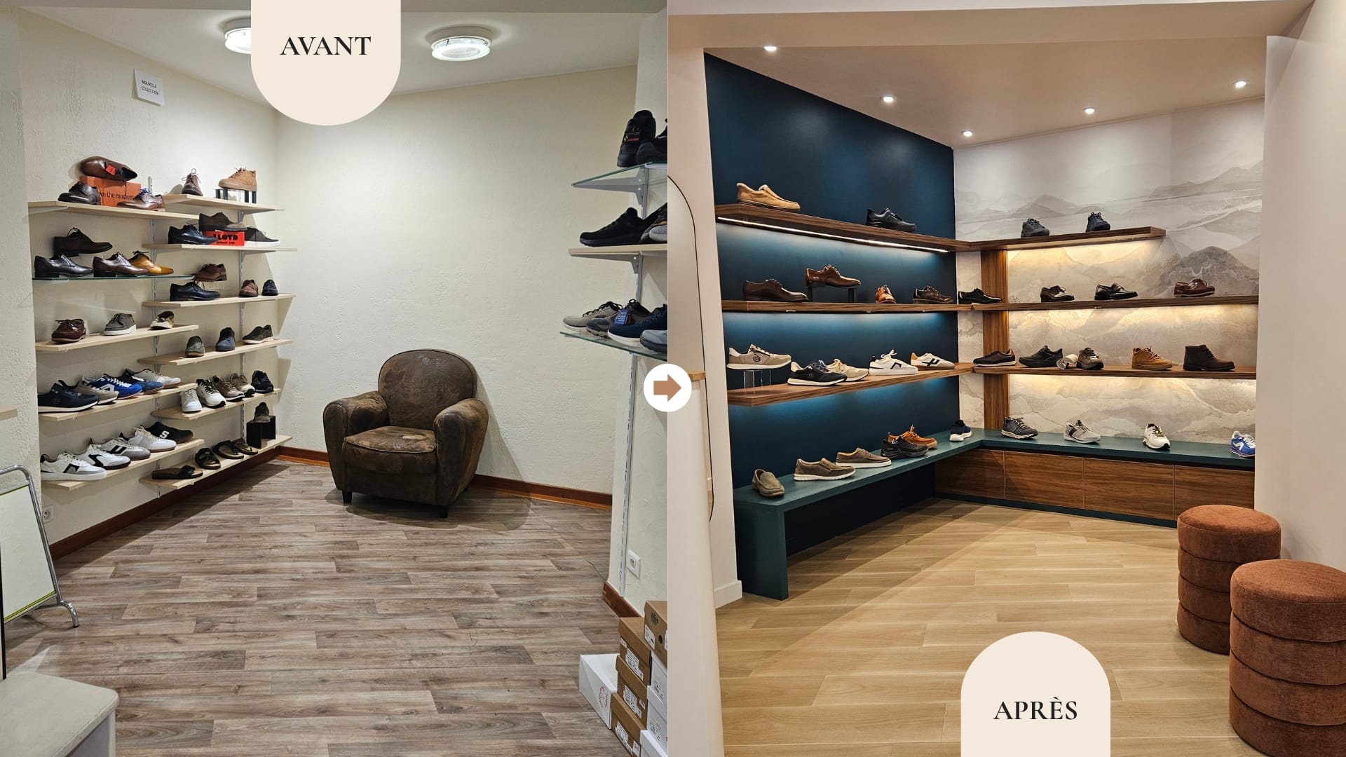 Avant après de la rénovation et de l’agencement de la boutique de chaussures Kat’Pat à Voiron - coté homme