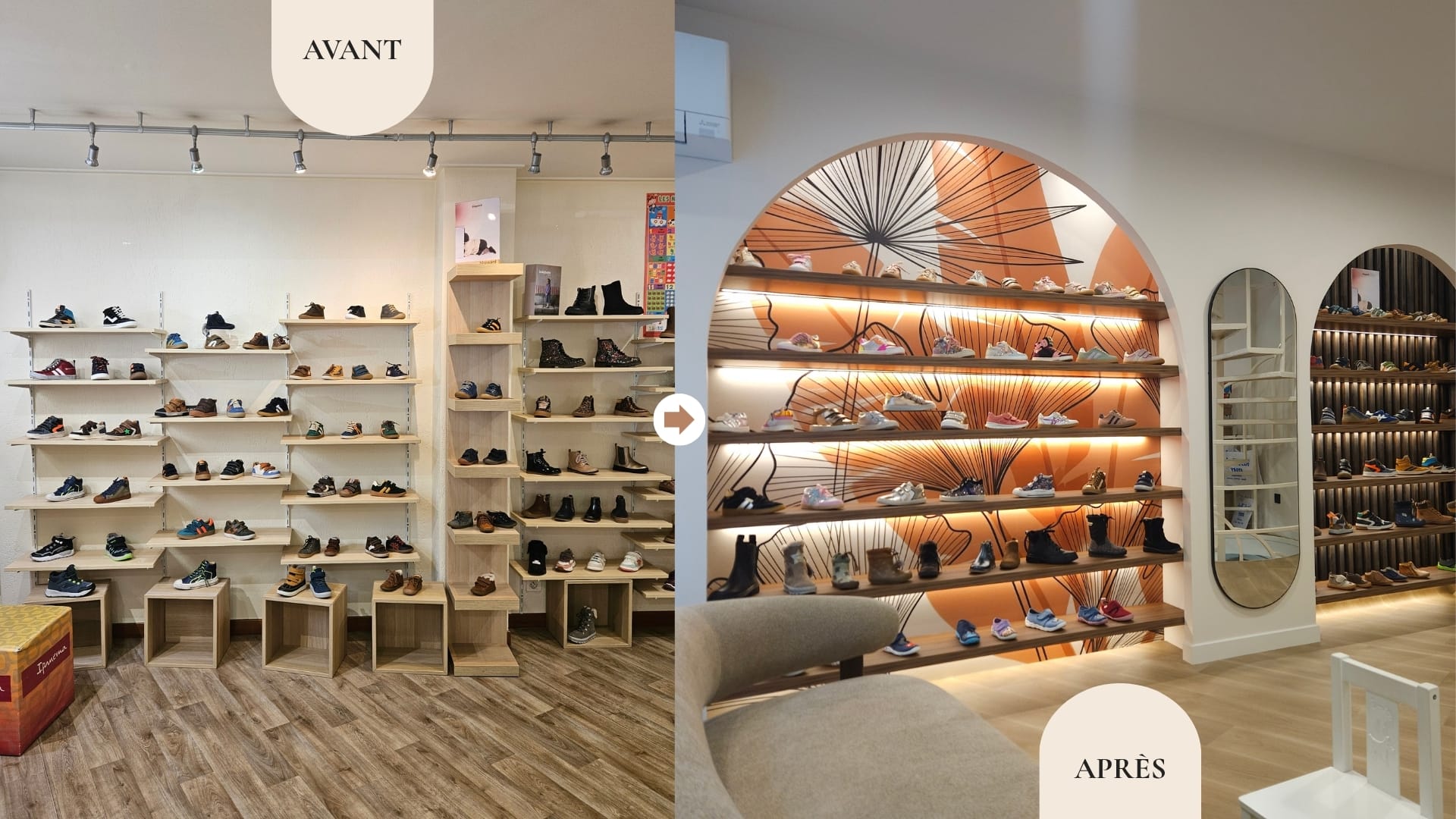 Avant après de la rénovation et de l’agencement de la boutique de chaussures Kat’Pat à Voiron - coté enfant
