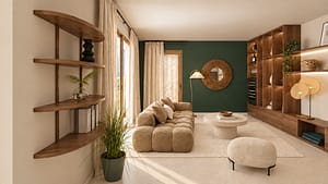 Salon élégant avec meuble sur mesure en bois type noyer