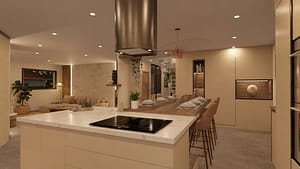 Projet d’aménagement intérieur à Moirans : cuisine beige et bois ouverte sur le séjour