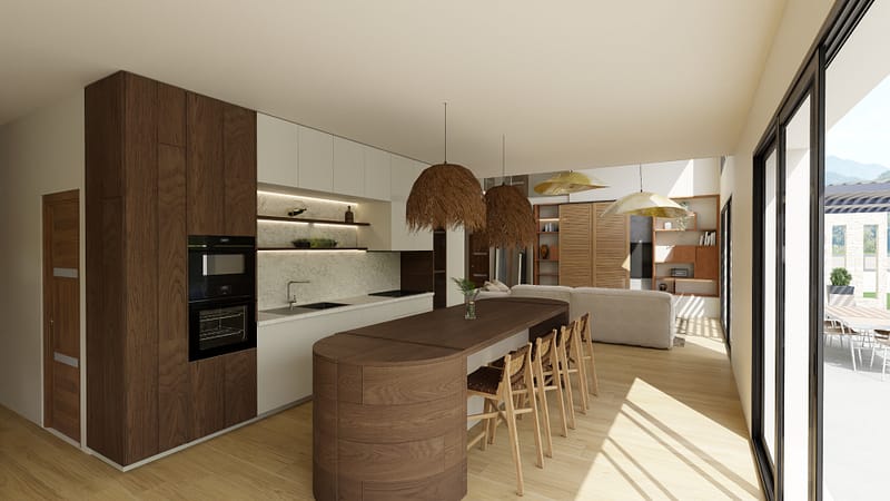 Cuisine au style wabi-sabi mêlant bois exotique, façades beige mat et suspensions en paille naturelle. Une ambiance chaleureuse, authentique et raffinée, inspirée des matières brutes et de l’esthétique japonaise.