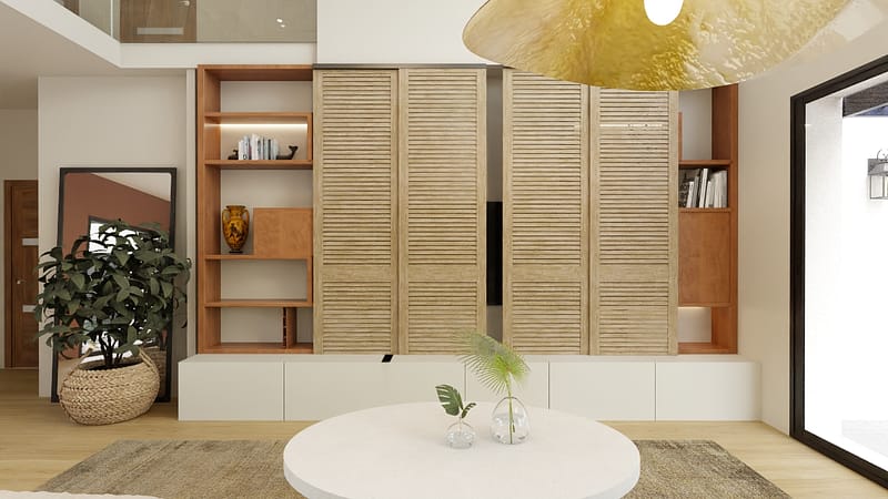 Meuble sur mesure en bois avec portes coulissantes permettant de dissimuler la télévision