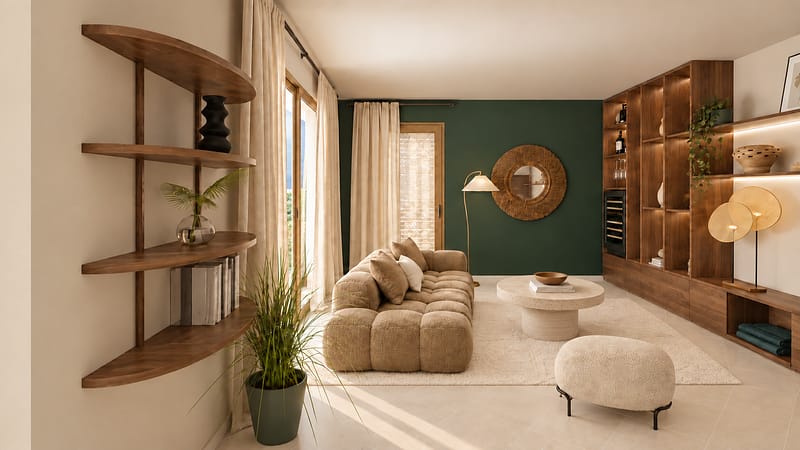 Salon élégant avec meuble sur mesure en bois type noyer