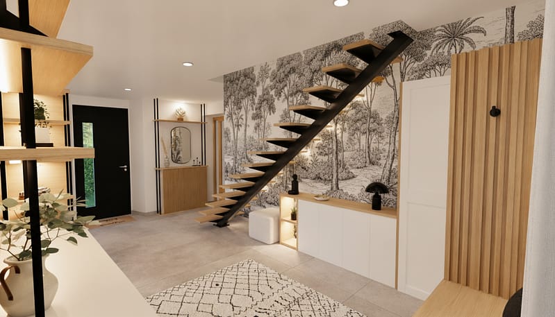 Entrée rénové avec papier peint panoramique, déco blanche, noir et bois