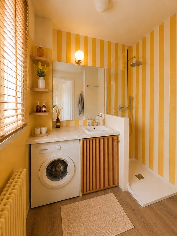 Salle de bain jaune et blanche