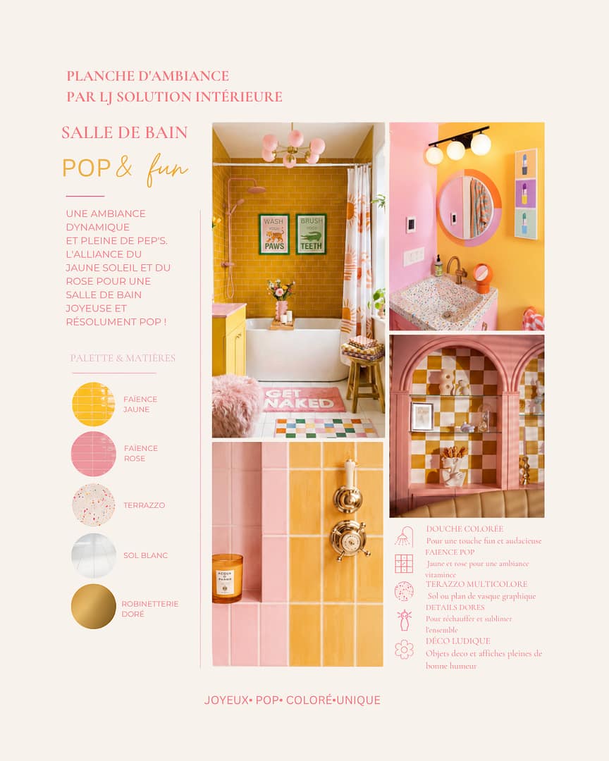 Planche d'ambiance salle de bain Parisienne - style Pop jaune et rose
