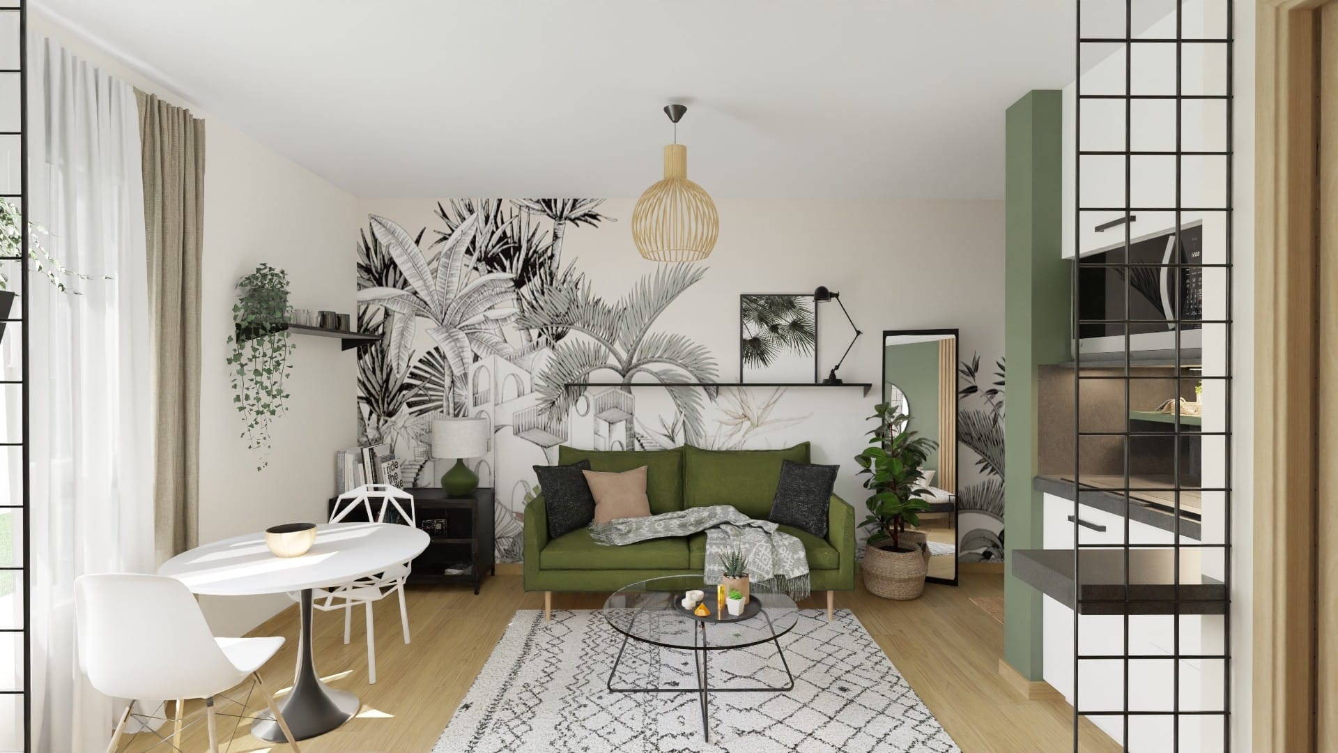 Salon avec table basse et cuisine