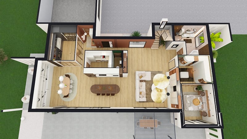 Plan 3D vu du dessus d’un rez-de-chaussée avec aménagement global et organisation des espaces