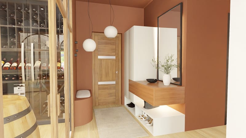 Visuel 3D d’une entrée avec meuble sur mesure, banc en placo et murs terracotta pour délimiter l’espaceterracotta